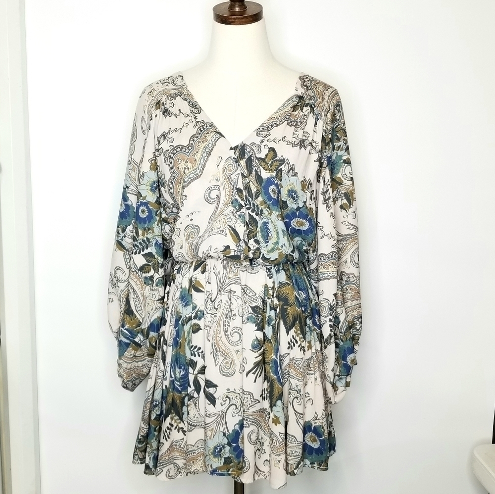Free People XS High Plains Paisley Floral Balloon Sleeve Boho Short Mini Dress